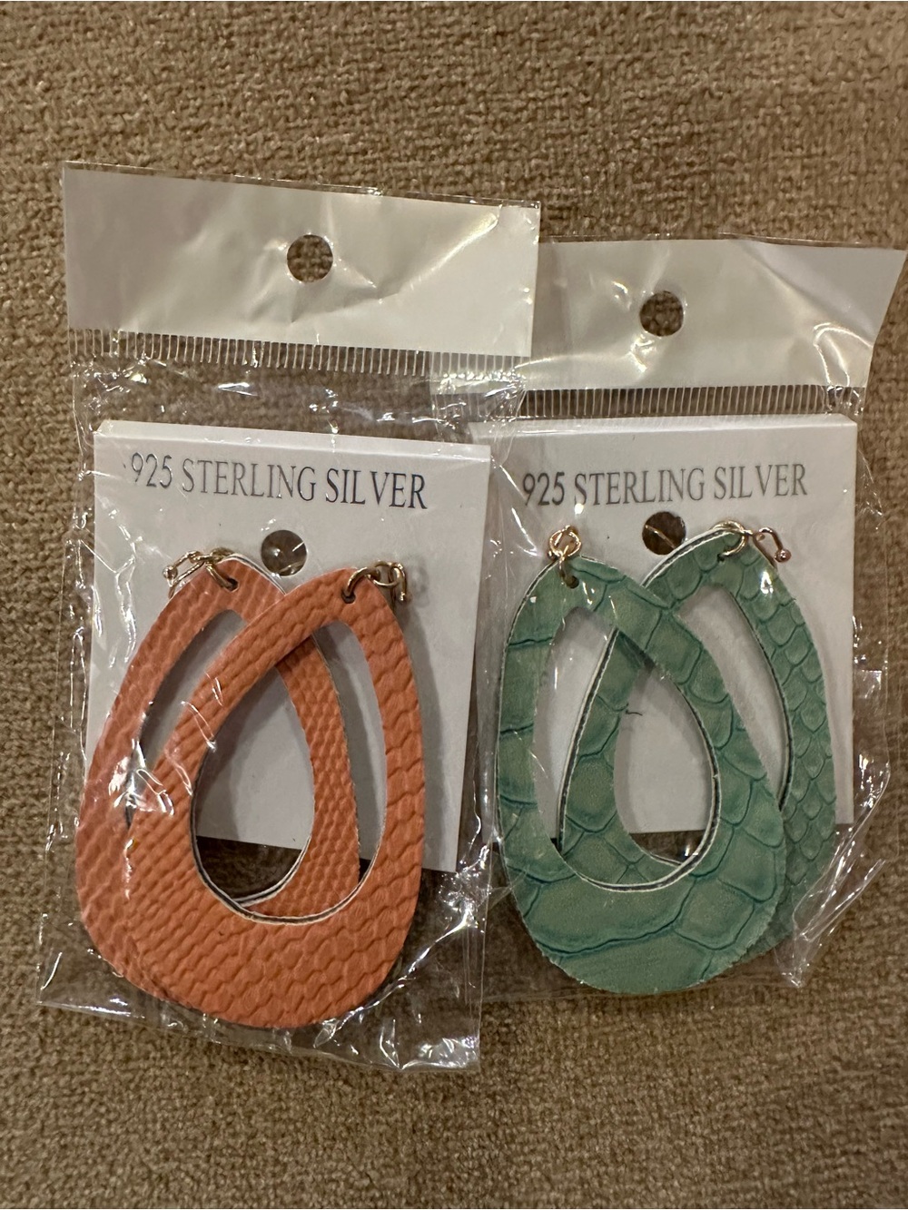 Sterling Silver Peach and Sage Teardrop Vegan Leather Earrings 2 pack